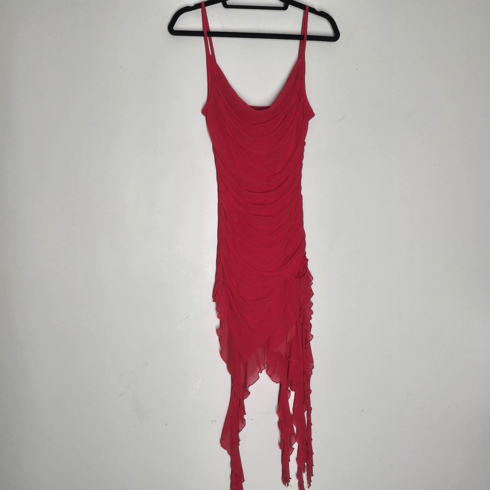 Shein Red Ruched Mesh Cowl Neck Handkerchief Midi Dress Women's M Y2K Fairy